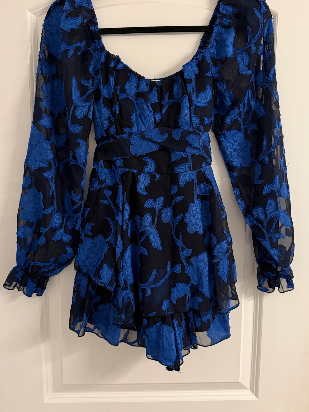 Blue Floral Long-Sleeve Romper with Scoop Neck